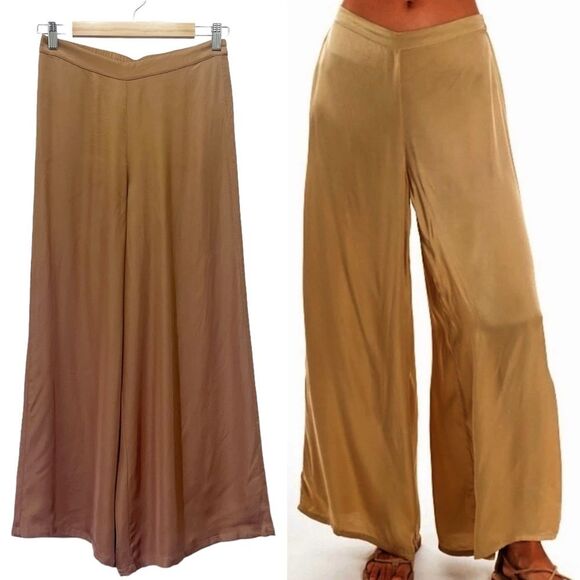 YFB Aiko Pants Copper Tan Satin Wide Leg Pants Gaucho Palazzo Size Small - Picture 1 of 9